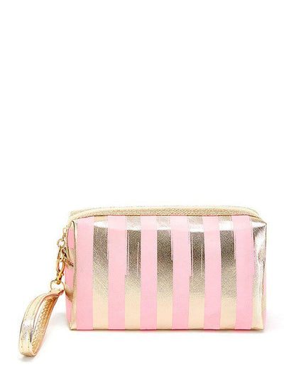 Metallic Striped Pouch With Wristlet-makeup-Des Mess