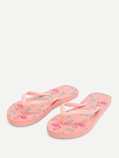 Flamingo Print Flat Slippers-shoes-Des Mess