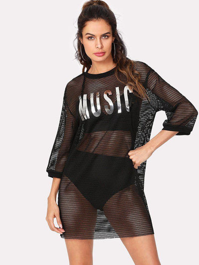 Letter Print Longline Sport Mesh Top-sportswear-Des Mess