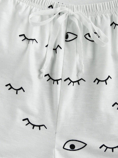 Closed Eyes Print Tee And Shorts Pajama Set-loungewear-Des Mess