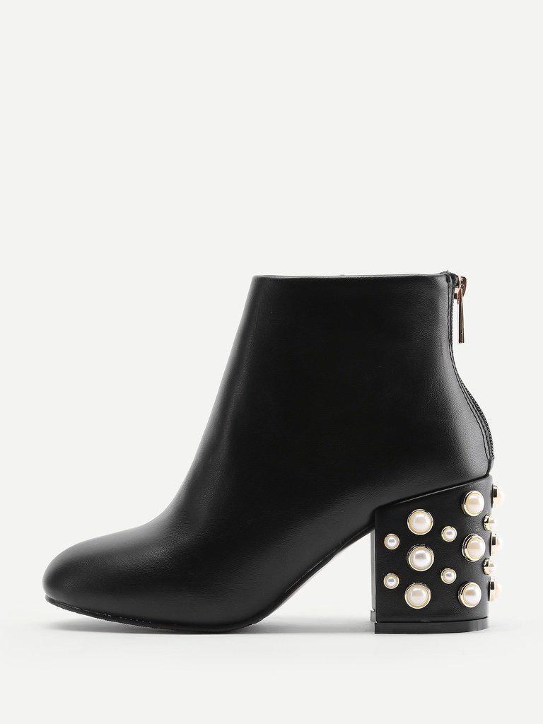 Faux Pearl Back Zipper PU Ankle Boots-shoes-Des Mess