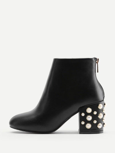 Faux Pearl Back Zipper PU Ankle Boots-shoes-Des Mess