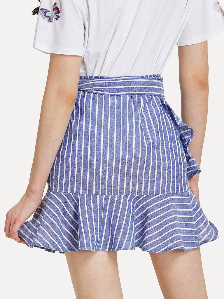Knot Side Striped Ruffle Hem Skirt-bottom-Des Mess