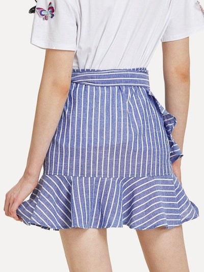 Knot Side Striped Ruffle Hem Skirt-bottom-Des Mess
