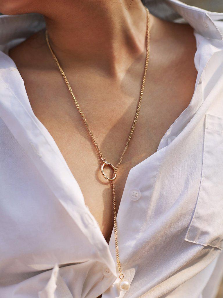 Faux Pearl Pendant Chain Necklace-jewelry-Des Mess