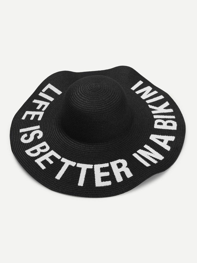 Letter Print Wide Brim Straw Hat-accessories-Des Mess