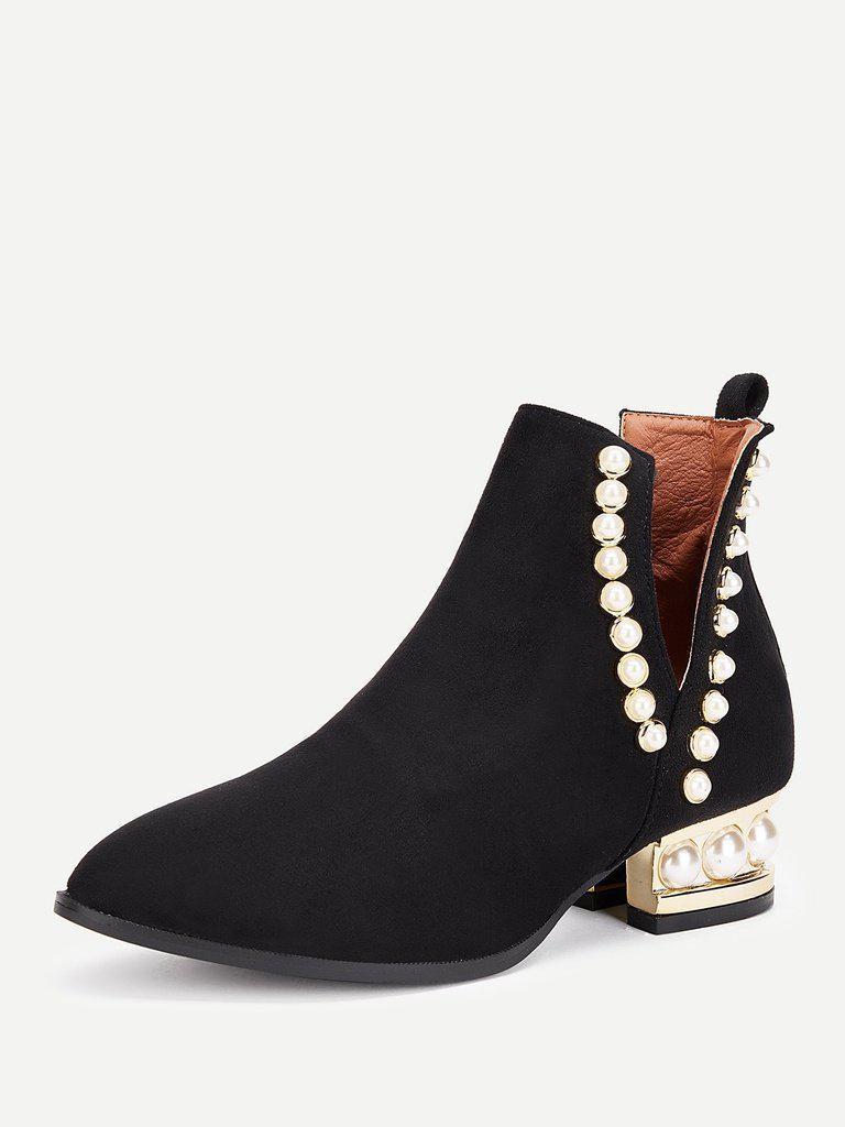 Faux Pearl Block Heeled Ankle Boots-shoes-Des Mess