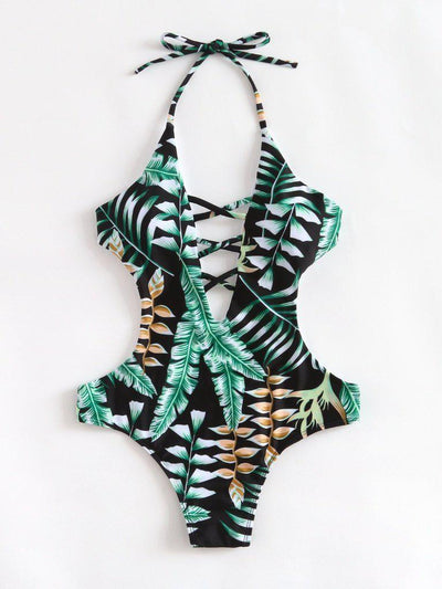 Tropical Print Plunge Neckline Monokini-swimwear-Des Mess