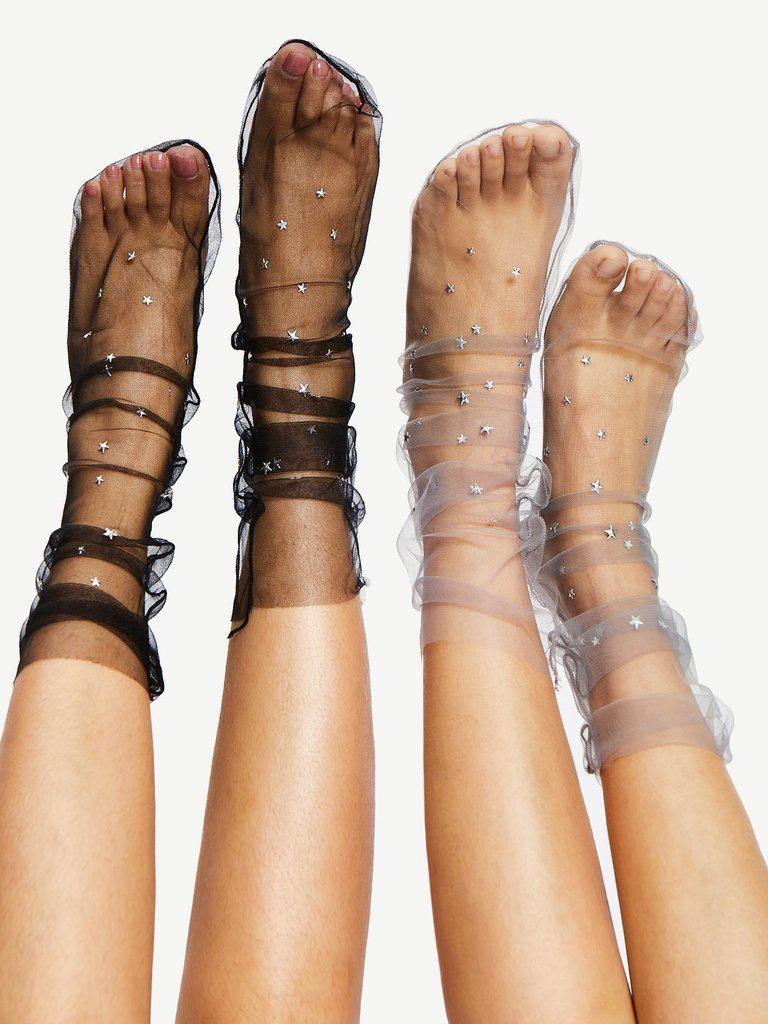 Star Decorated Mesh Slouch Socks 2Pairs-accessories-Des Mess