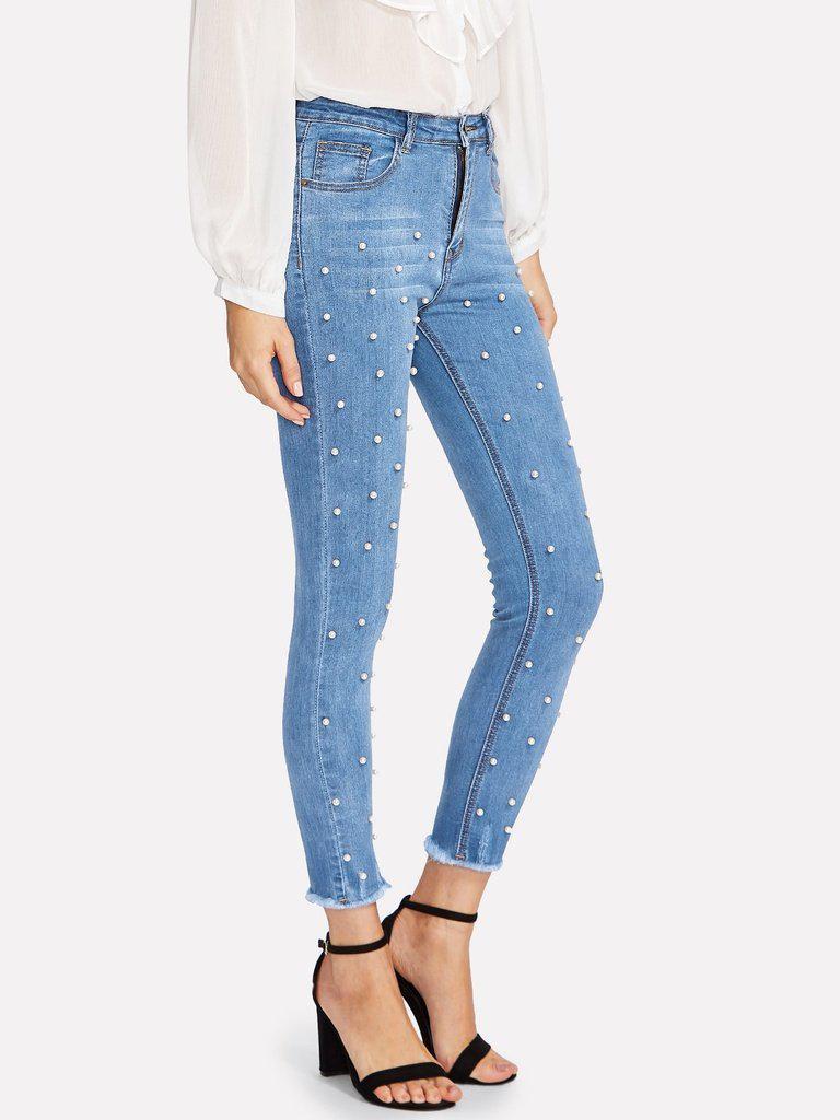 Pearl Beaded Frayed Hem Jeans-bottom-Des Mess
