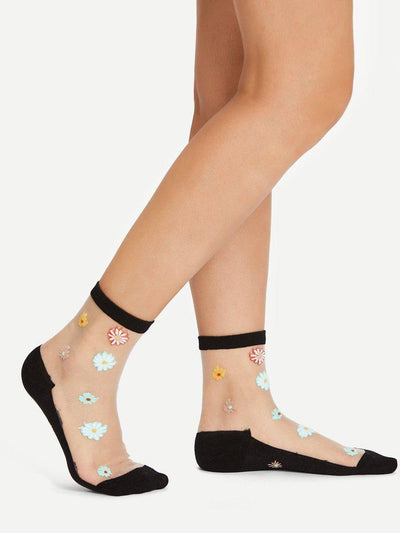 Flower Pattern Clear Design Ankle Socks 5Pairs-accessories-Des Mess