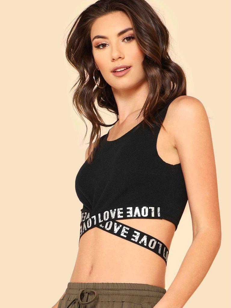 Letter Print Cross Strap Sports Bra-sportswear-Des Mess