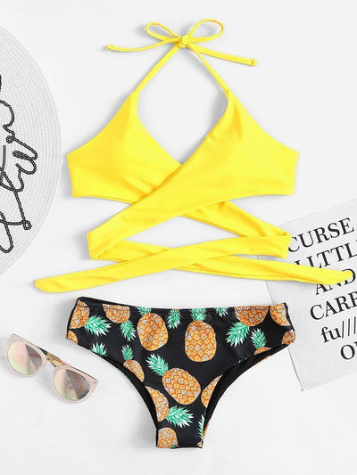 Pineapple Print Wrap Self Tie Bikini Set-swimwear-Des Mess