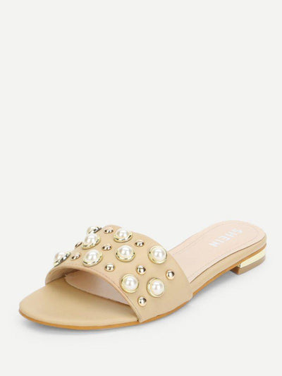 Faux Pearl & Studded Flat Slides-shoes-Des Mess