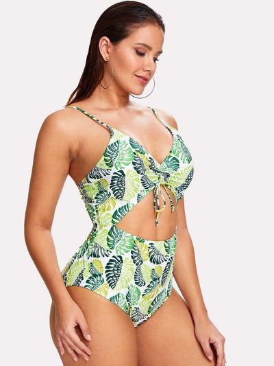 Palm Print Cut Out Swimsuit-swimwear-Des Mess