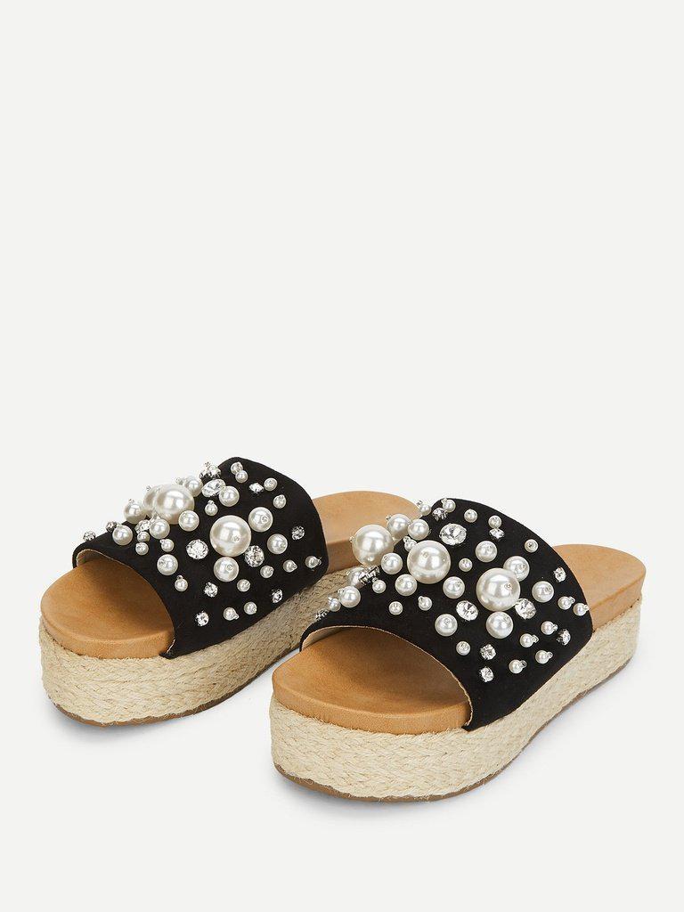 Faux Pearl Decorated Flatform Sandals-shoes-Des Mess