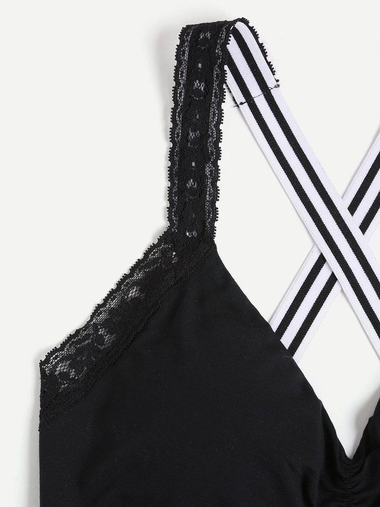 Print Wide Band Lace Trim Crisscross Sports Bra-sportswear-Des Mess