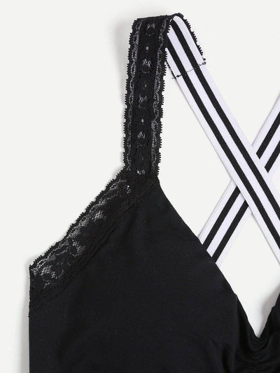 Print Wide Band Lace Trim Crisscross Sports Bra-sportswear-Des Mess