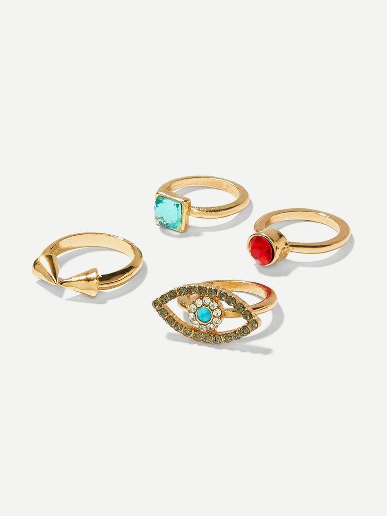 Eye Design Rhinestone Rings Set 4pcs-jewelry-Des Mess