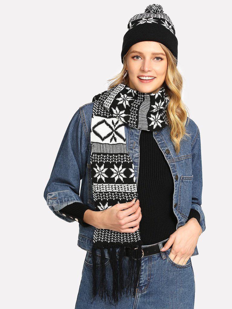 Pom Pom Knit Beanie Cap With Scarf--Des Mess