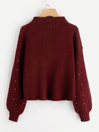 Pearl Embellished Exaggerated Bishop Sleeve Ribbed Sweater-outerwear-Des Mess