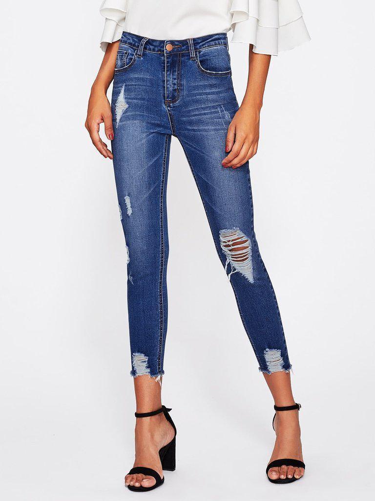 Bleach Wash Distressed Jeans-bottom-Des Mess