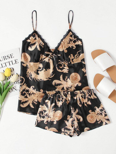Graphic Print Satin Pajama Set-loungewear-Des Mess