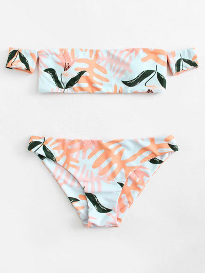 Palm Print Off The Shoulder Bikini Set-swimwear-Des Mess