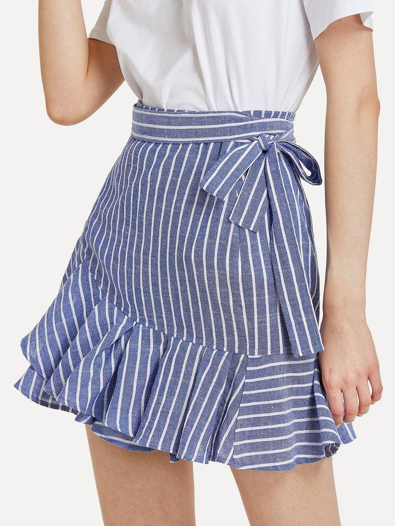 Knot Side Striped Ruffle Hem Skirt-bottom-Des Mess