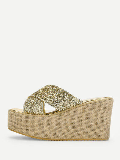 Glitter Criss Cross Design Wedge Sandals-shoes-Des Mess
