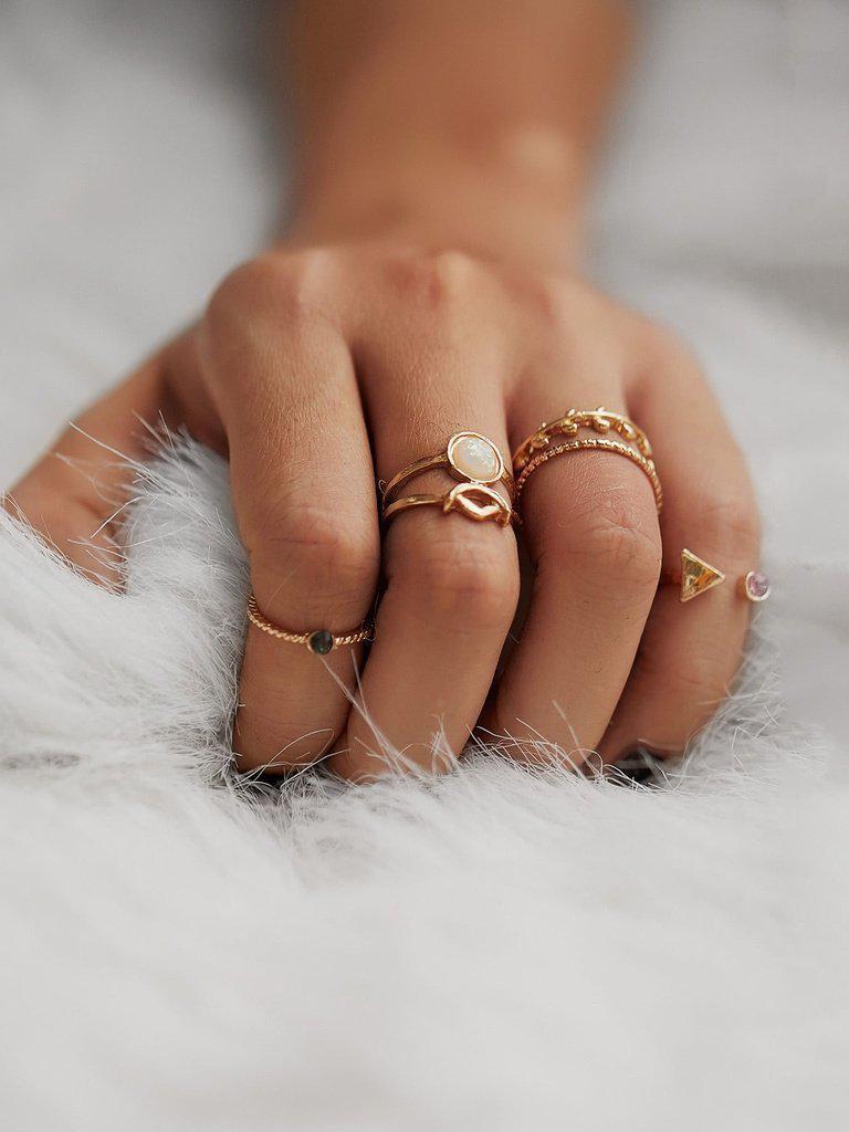 Leaf & Geometric Design Ring Set With Gemstone-jewelry-Des Mess