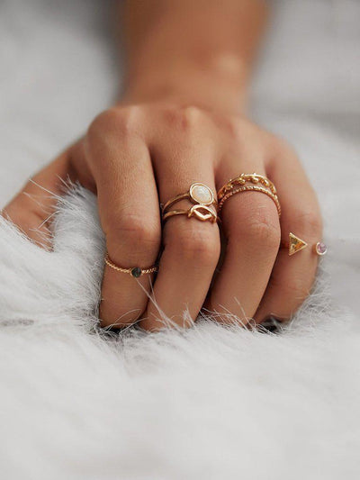 Leaf & Geometric Design Ring Set With Gemstone-jewelry-Des Mess