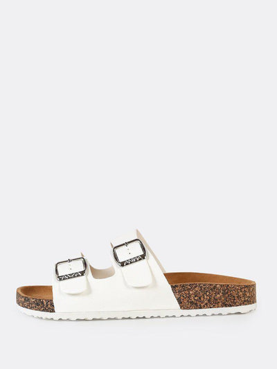 Double Buckle Cork Footbed Slide Sandal WHITE-shoes-Des Mess