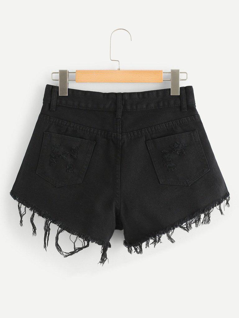 Frayed Hem Ripped Denim Shorts-bottom-Des Mess