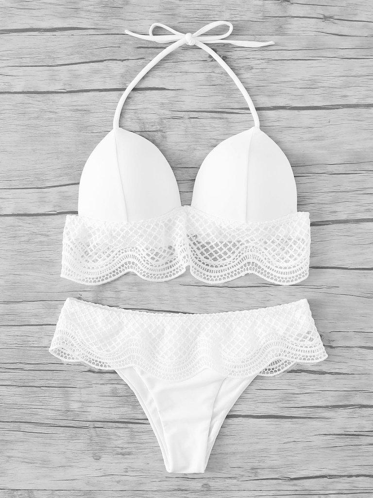 Crochet Ruffle Trim Halter Bikini Set--Des Mess