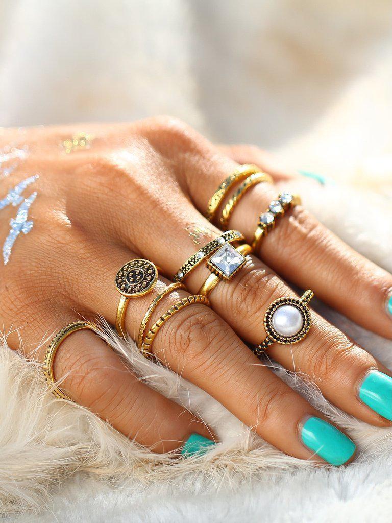 Faux Pearl & Gemstone Detail Ring Set-jewelry-Des Mess