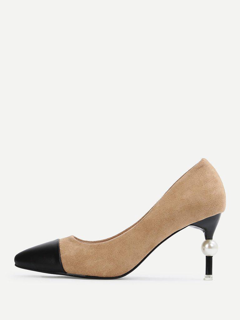 Faux Pearl Decor Cap Toe Heels-shoes-Des Mess