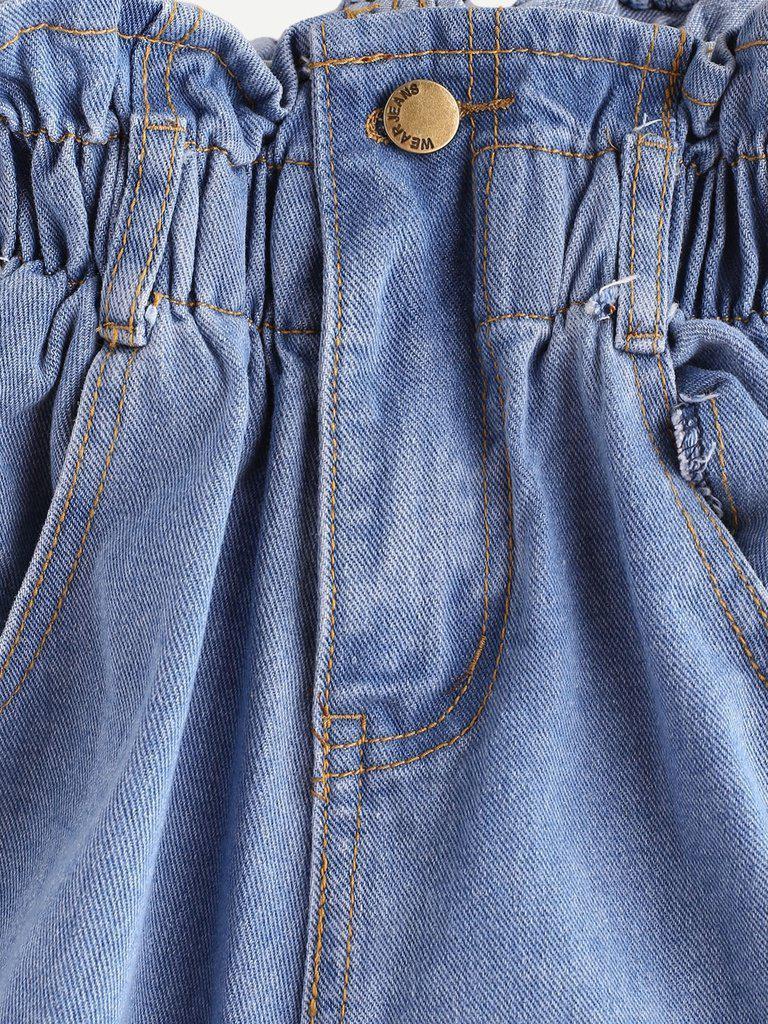 Shirred Frill Trim Ripped Rolled Hem Denim Shorts-bottom-Des Mess
