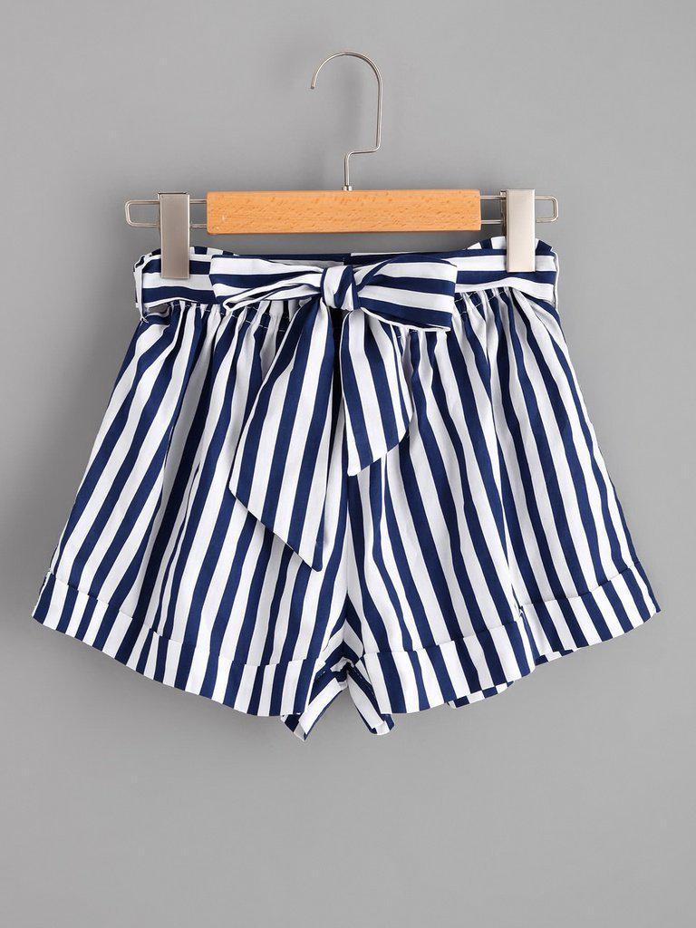 Striped Self Tie Waist Shorts-bottom-Des Mess
