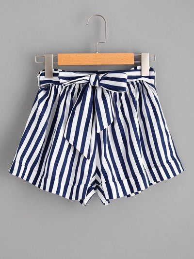 Striped Self Tie Waist Shorts-bottom-Des Mess