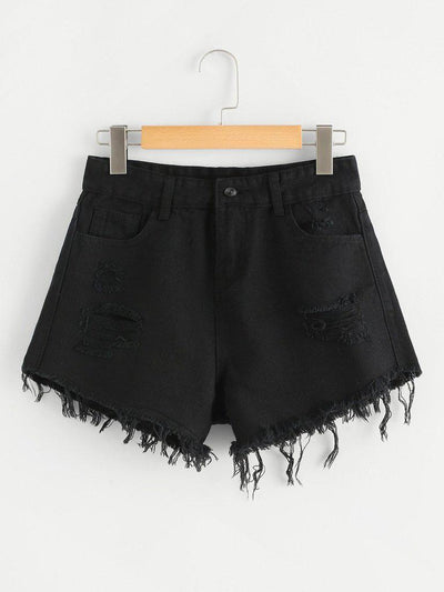 Frayed Hem Ripped Denim Shorts-bottom-Des Mess