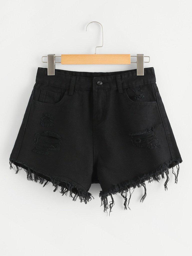 Frayed Hem Ripped Denim Shorts-bottom-Des Mess