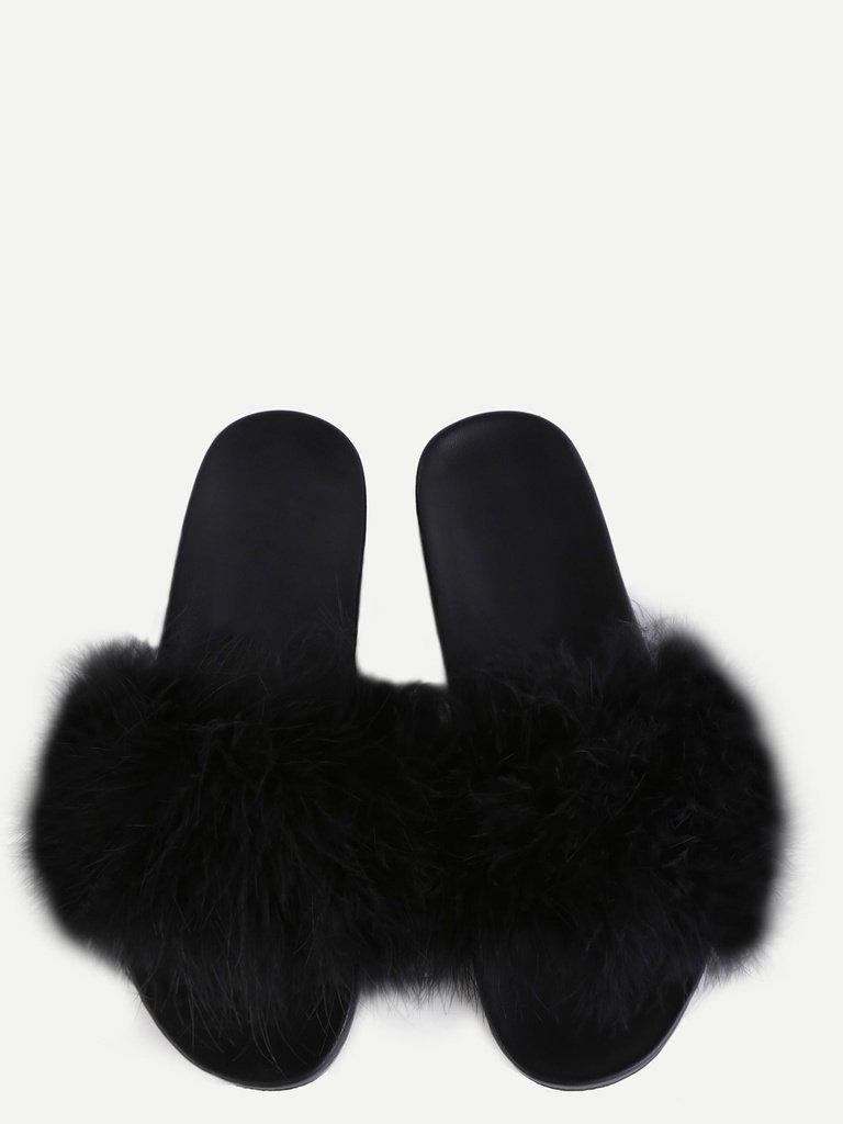 Black Faux Fur Soft Sole Flat Slippers-shoes-Des Mess