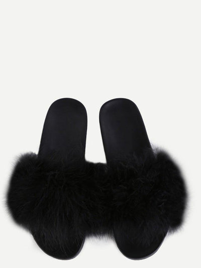 Black Faux Fur Soft Sole Flat Slippers-shoes-Des Mess