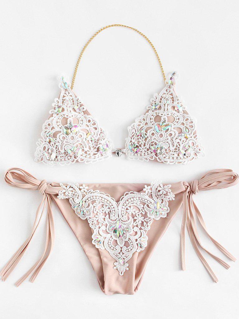 Lace Overlay Rhinestone Bikini Set--Des Mess
