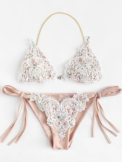 Lace Overlay Rhinestone Bikini Set--Des Mess