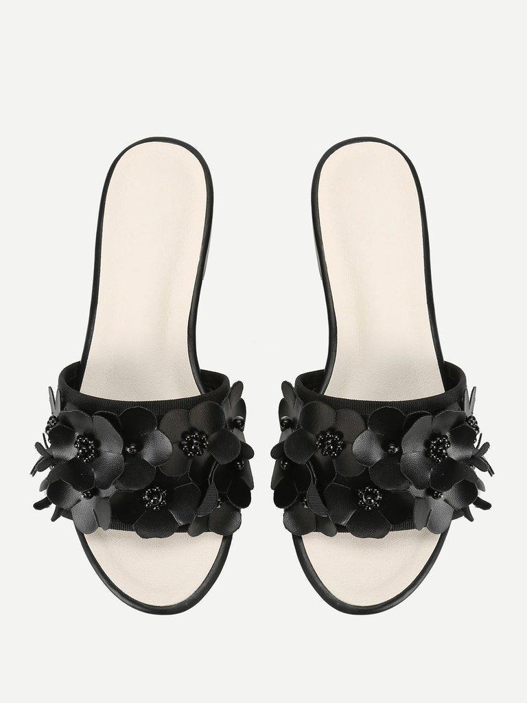 Flower Decorated PU Flat Sliders-shoes-Des Mess