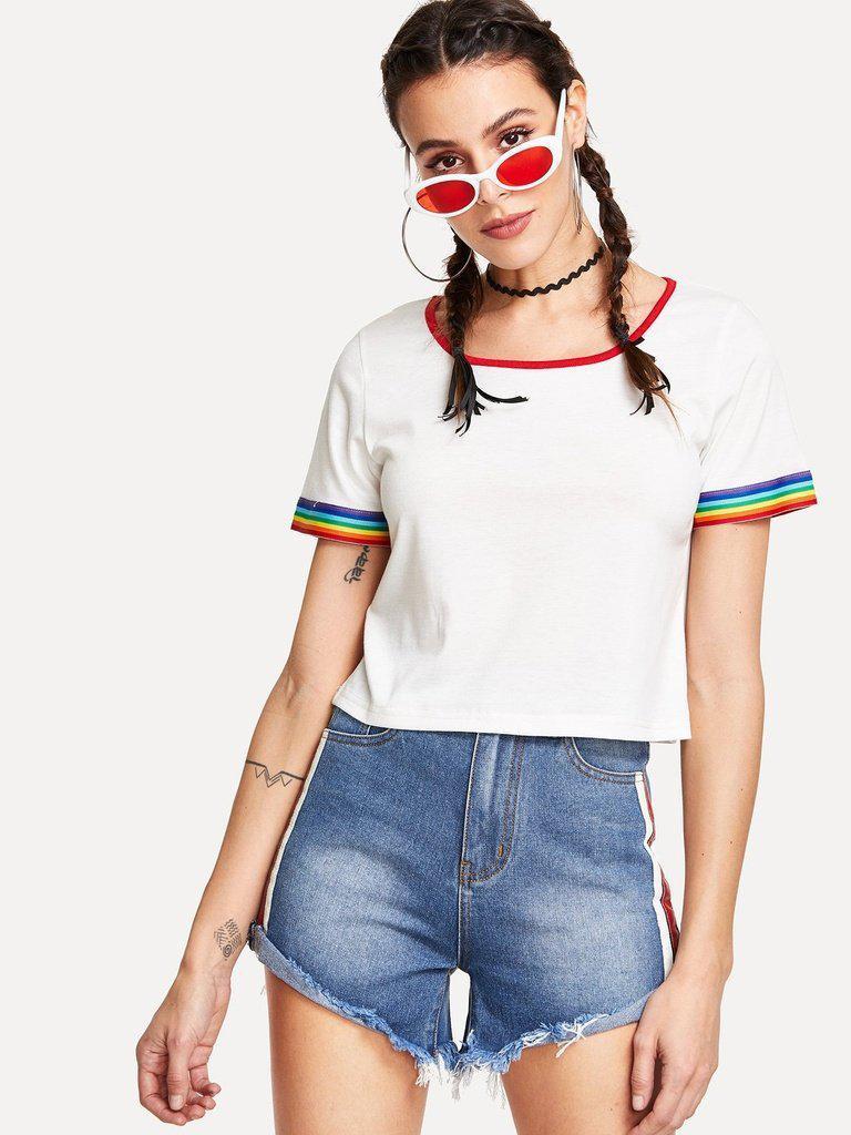 Striped Side Raw Hem Denim Shorts-bottom-Des Mess