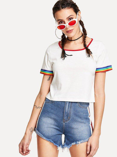 Striped Side Raw Hem Denim Shorts-bottom-Des Mess