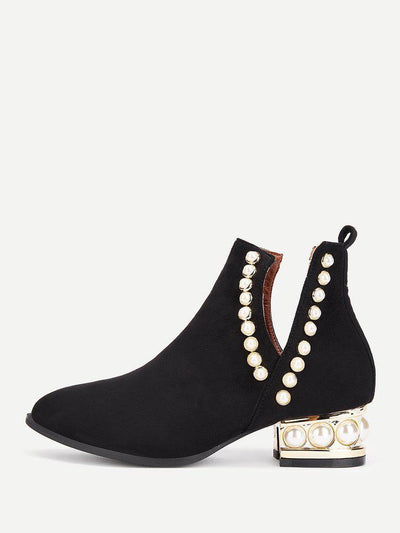 Faux Pearl Block Heeled Ankle Boots-shoes-Des Mess